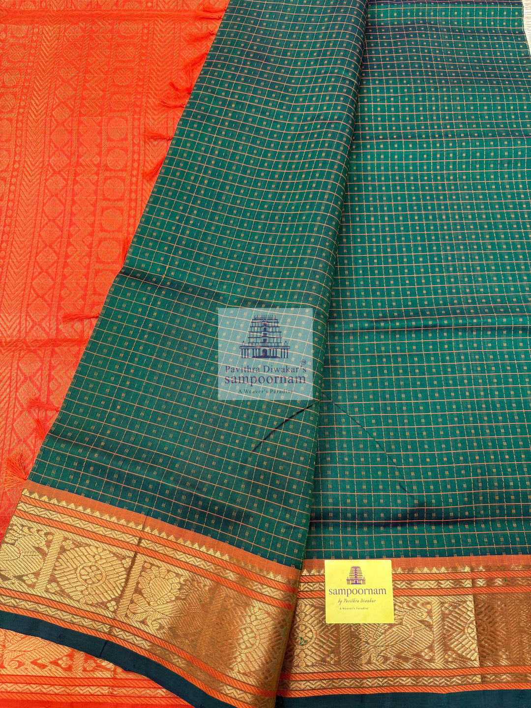 Green with Orange,  , Lakshadeepam butta in the body , traditional borders and rich Pallu Lakshadeepam Silk Cotton Saree