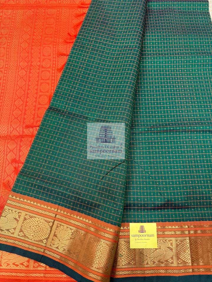 Green with Orange,  , Lakshadeepam butta in the body , traditional borders and rich Pallu Lakshadeepam Silk Cotton Saree