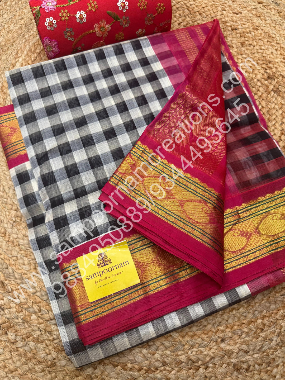 Black , white with Pink, Pallum Pazham Kattam with Rich Kanchi Border and Rich Pallu, Korvai Silk Cotton Saree
