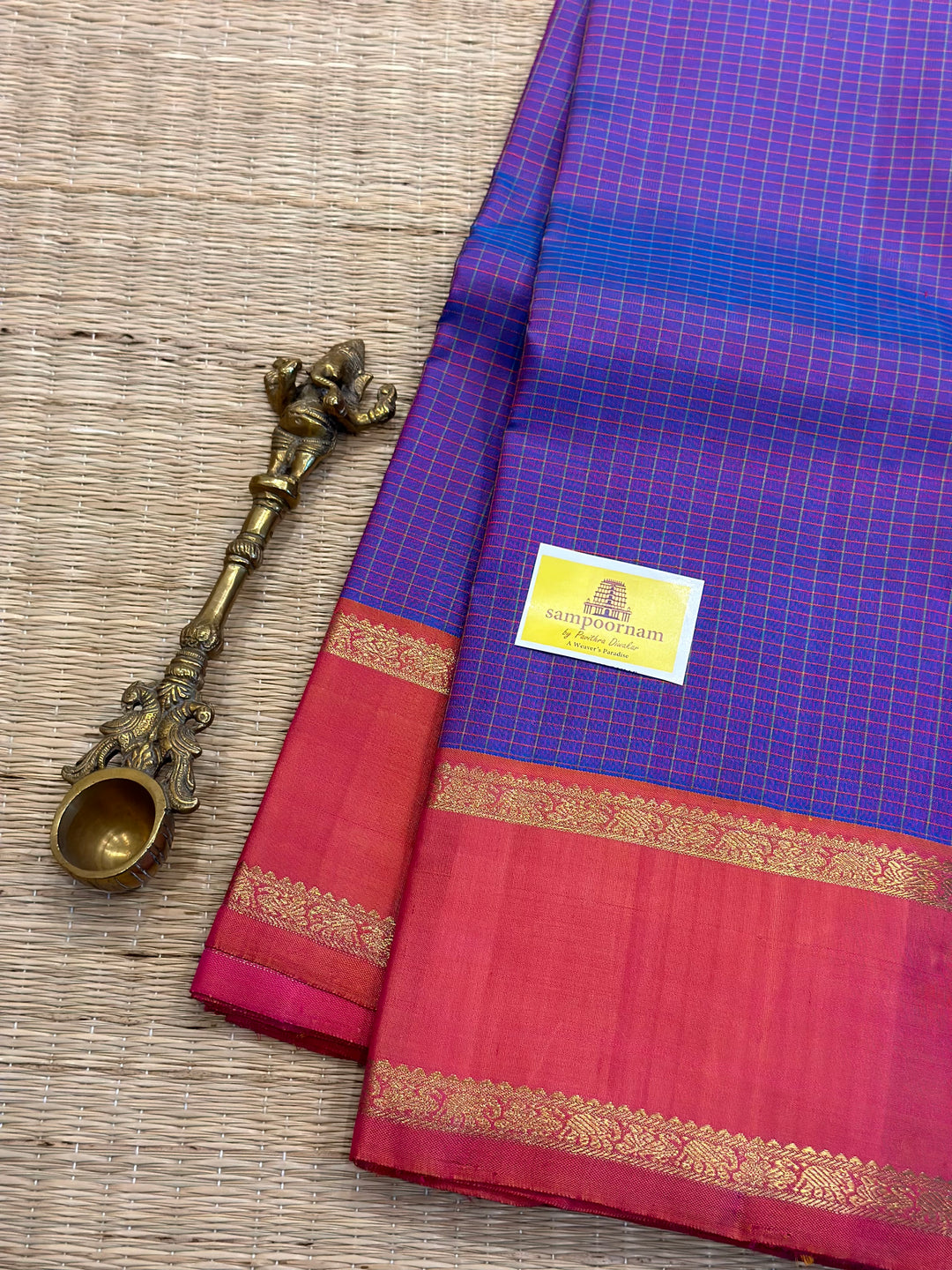 A Traditional Lavender with Pinkish Orange Body Checks Rettapet Kanjivaram Silk Saree with Kalakshetra Kili Pallu