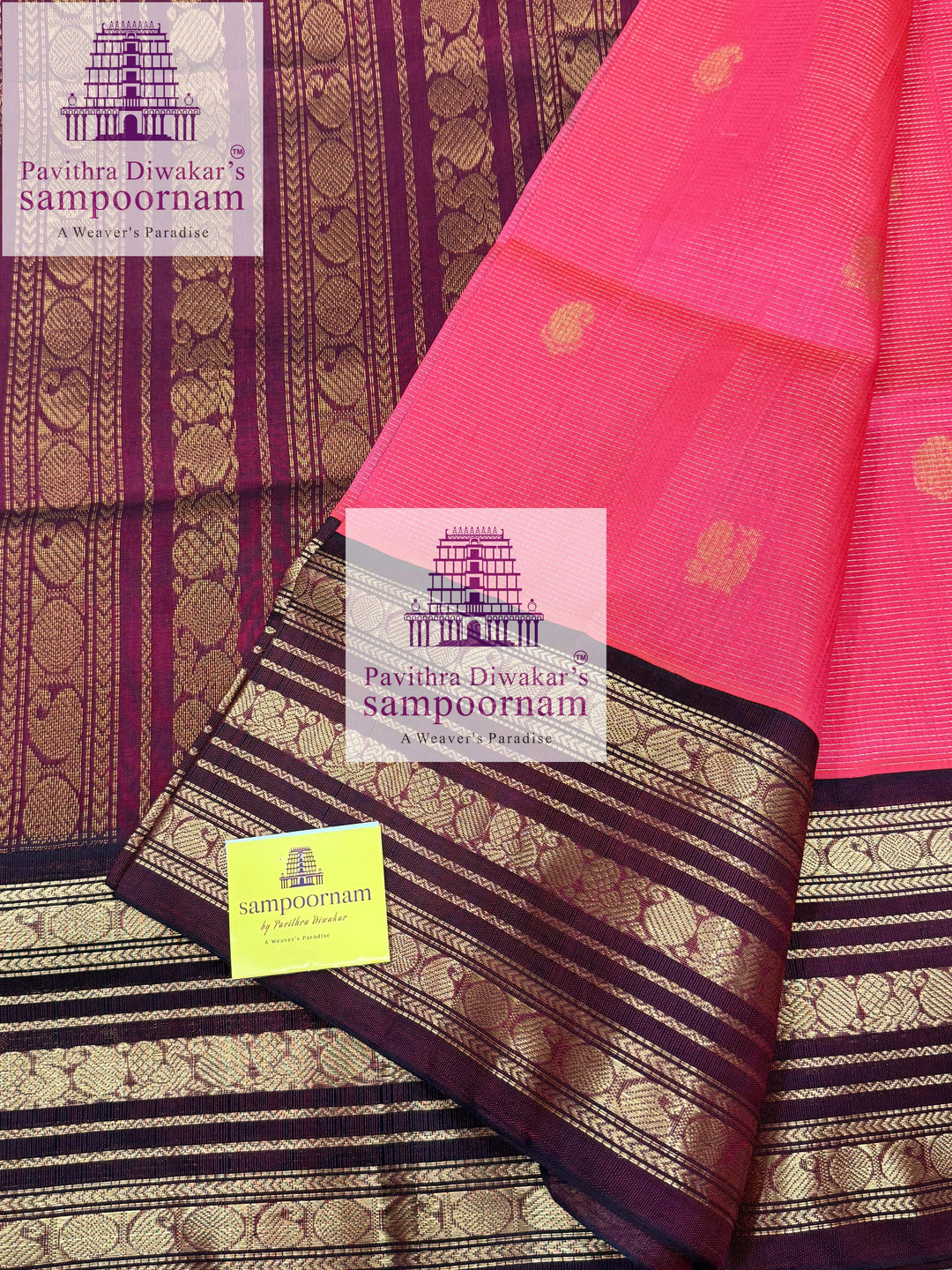 Lotus Pink with Dark Araku , Podi Kattam with butta in the body , Kanchi borders and rich Pallu Korvai Silk Cotton Saree