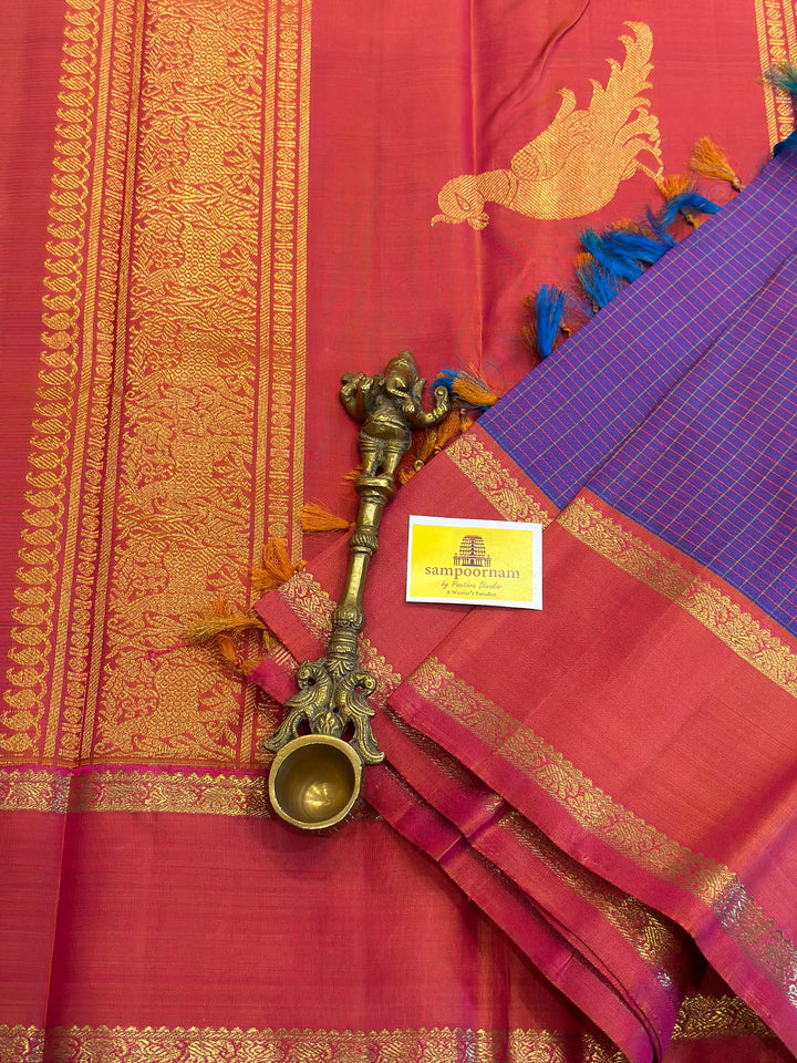 A Traditional Lavender with Pinkish Orange Body Checks Rettapet Kanjivaram Silk Saree with Kalakshetra Kili Pallu