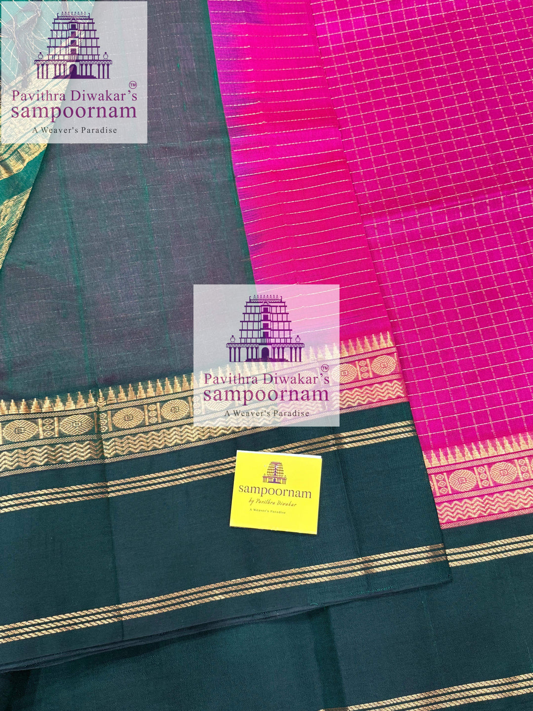 Magenta with Green ,rettapet  Zari checks in the body and grand Pallu Korvai Silk Cotton Saree