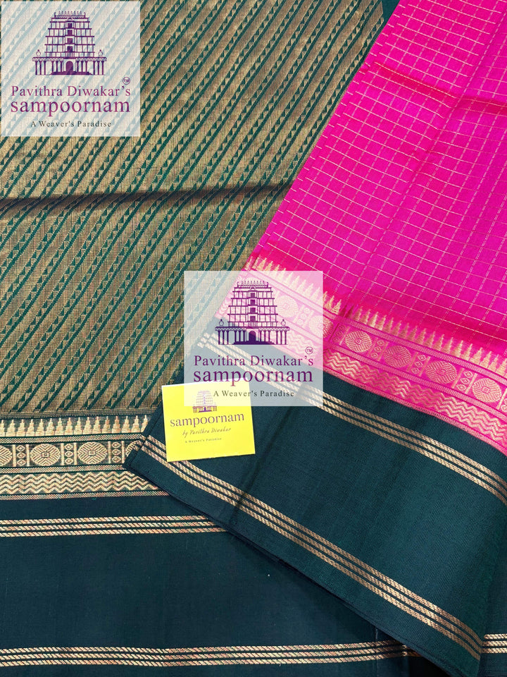 Magenta with Green ,rettapet  Zari checks in the body and grand Pallu Korvai Silk Cotton Saree