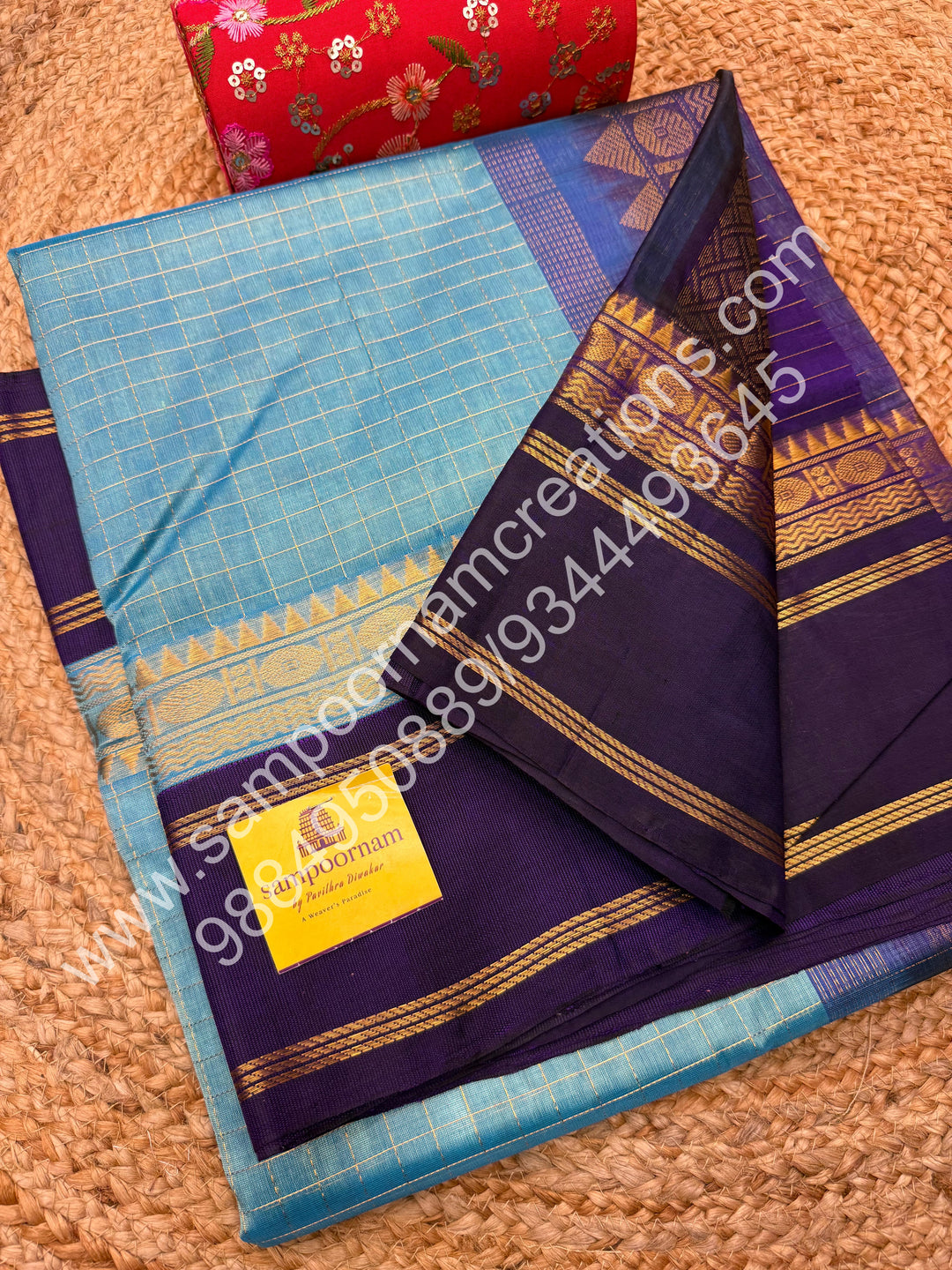 Light Blue with Dark Blue , Rich Zari Checks in the body and Rettapet Border , Grand Pallu Pure Korvai Silk Cotton Saree