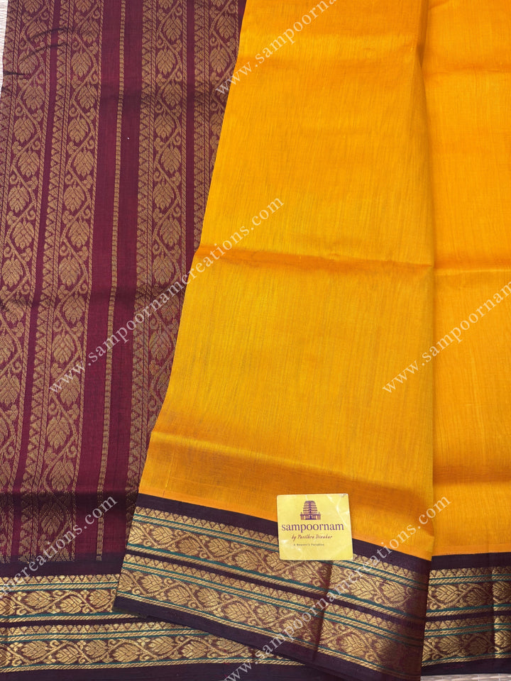 Mambazha Manjal with Arakku  , Traditional borders and Rich Pallu Korvai Silk Cotton Saree