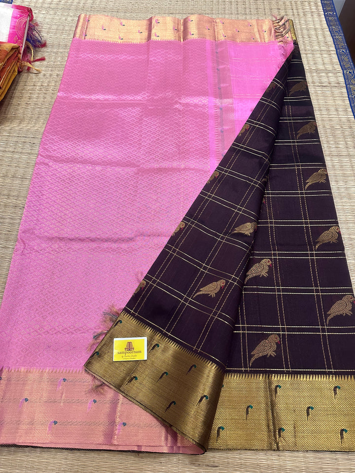 Coffee Brown with Baby Pink colour , Paithani Borders , Zari Checks with Parrot motifs in the body , and Pure Silk Cotton Saree