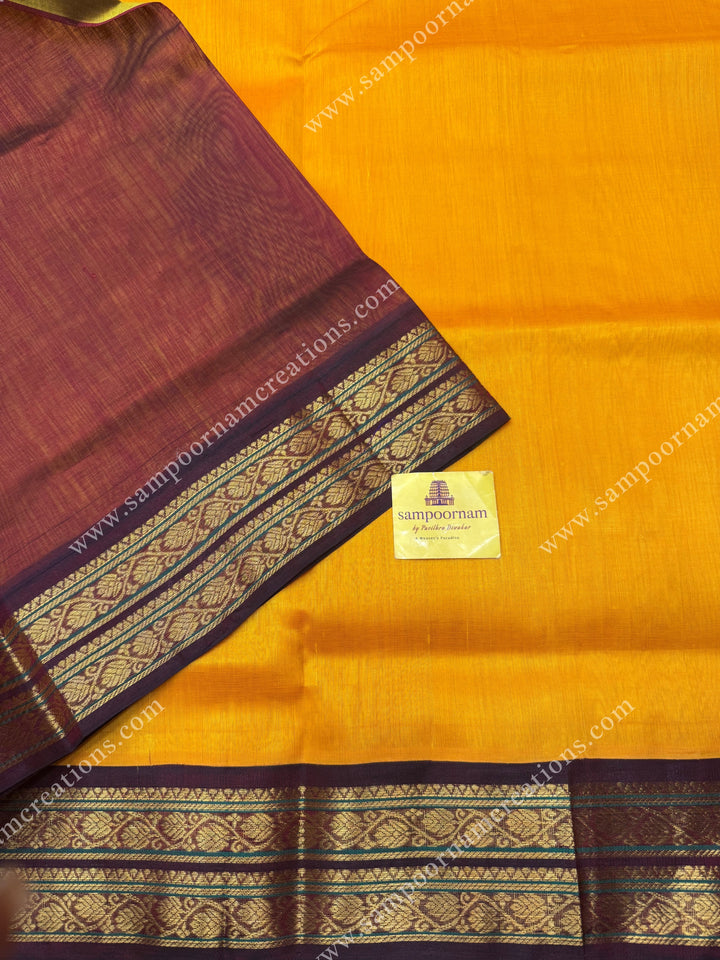 Mambazha Manjal with Arakku  , Traditional borders and Rich Pallu Korvai Silk Cotton Saree