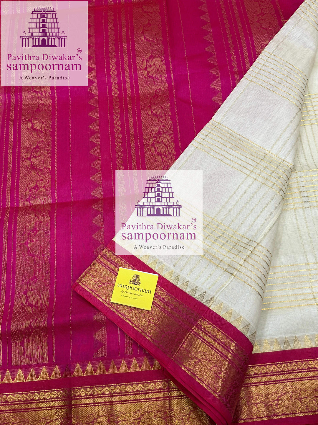 White with Pink , Zari lines in the body ,traditional borders and rich  Pallu Korvai Silk Cotton Saree
