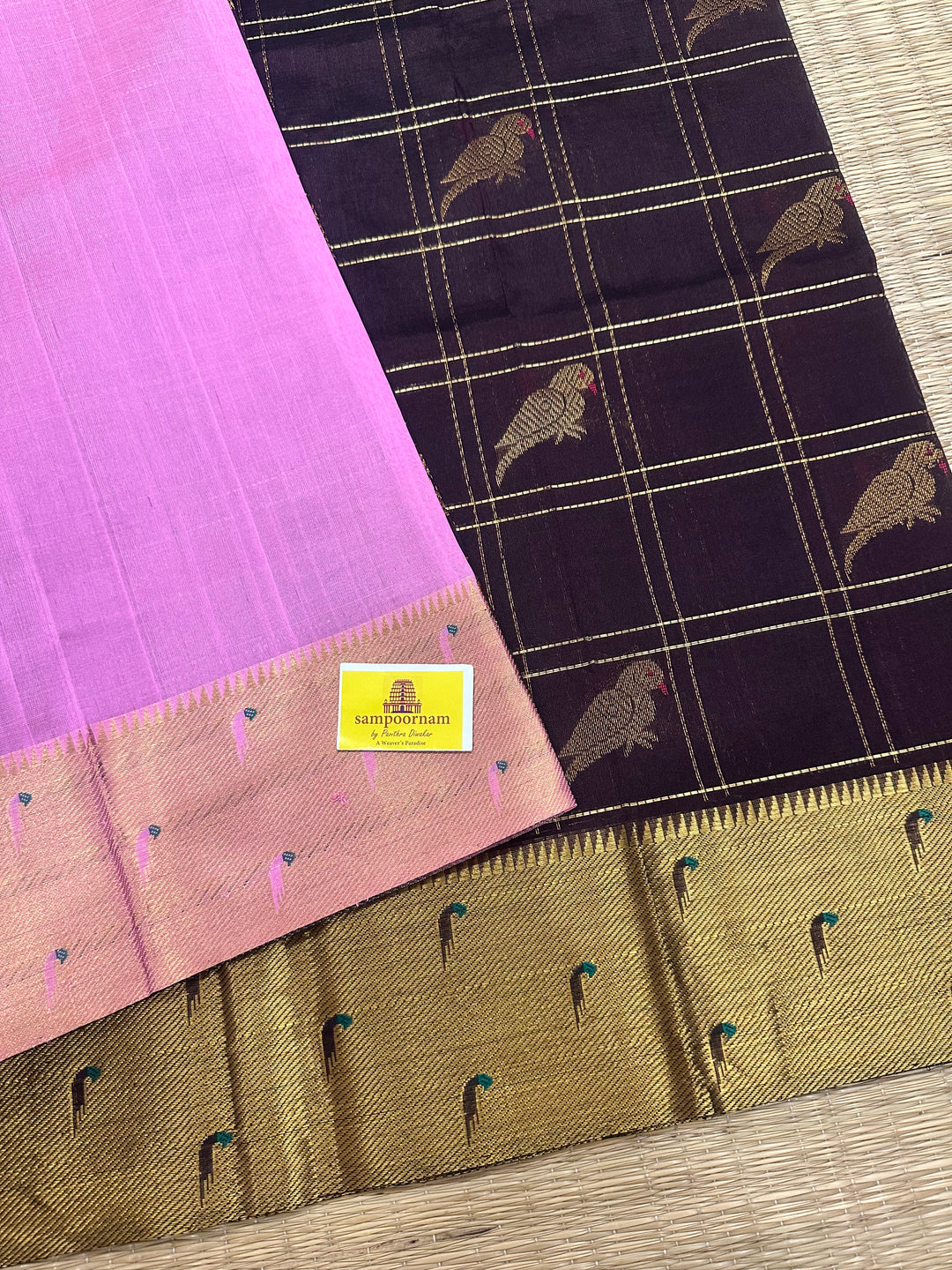 Coffee Brown with Baby Pink colour , Paithani Borders , Zari Checks with Parrot motifs in the body , and Pure Silk Cotton Saree
