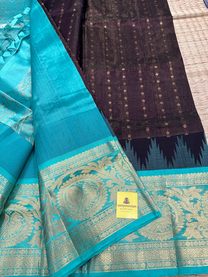 Dark Brown with Sea Green , body podi kattam with Zari Butta , Grand Pallu Korvai Silk Cotton Saree