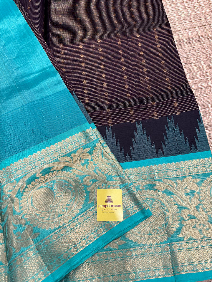 Dark Brown with Sea Green , body podi kattam with Zari Butta , Grand Pallu Korvai Silk Cotton Saree