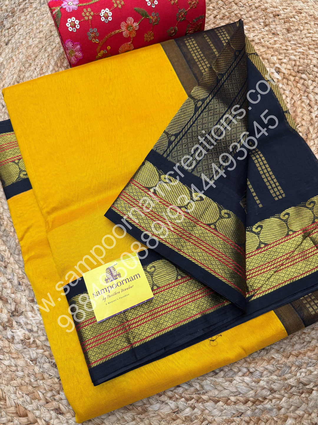 Yellow with Black, Traditional  Kanchi Border, Rich Pallu, Pure Korvai Silk Cotton Saree