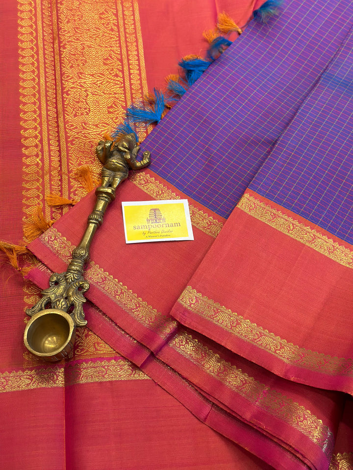 A Traditional Lavender with Pinkish Orange Body Checks Rettapet Kanjivaram Silk Saree with Kalakshetra Kili Pallu