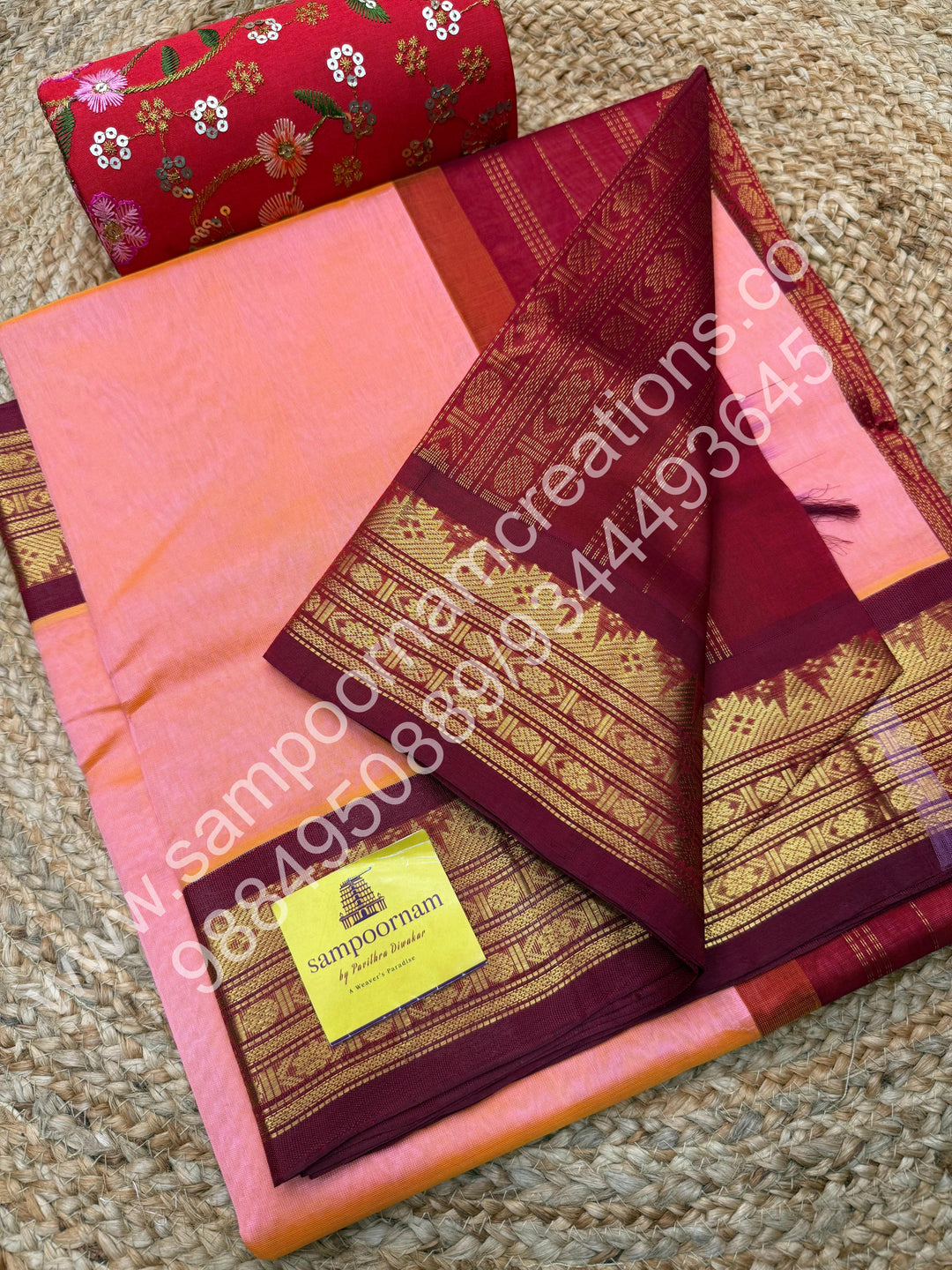 Peach Pink with Red , Traditional Kanchi Border and Rich Pallu, Korvai Silk Cotton Saree