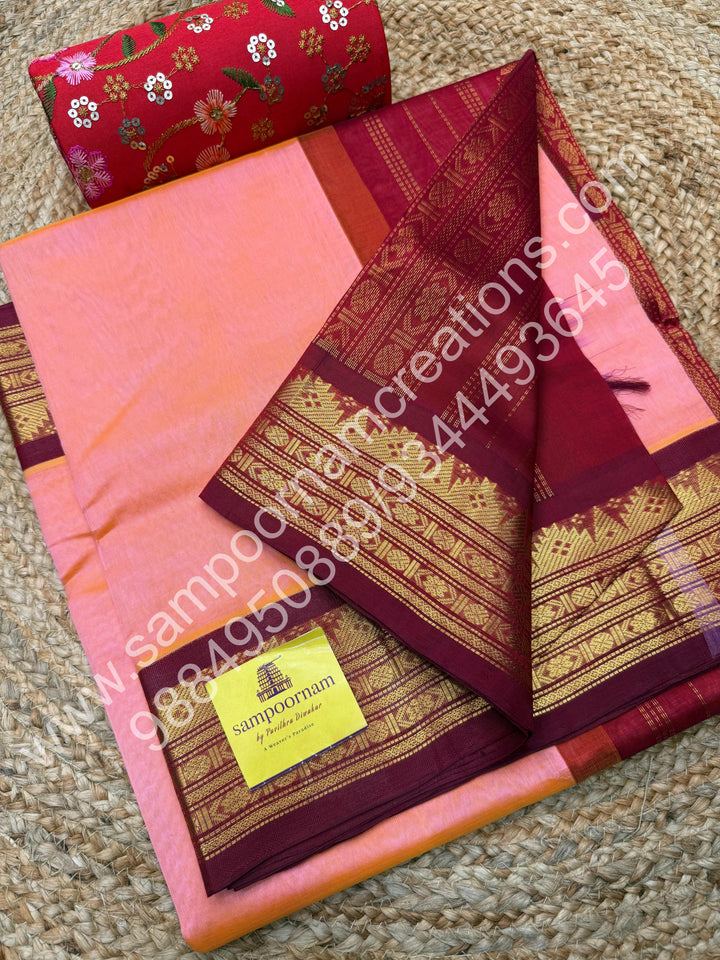 Peach Pink with Red , Traditional Kanchi Border and Rich Pallu, Korvai Silk Cotton Saree