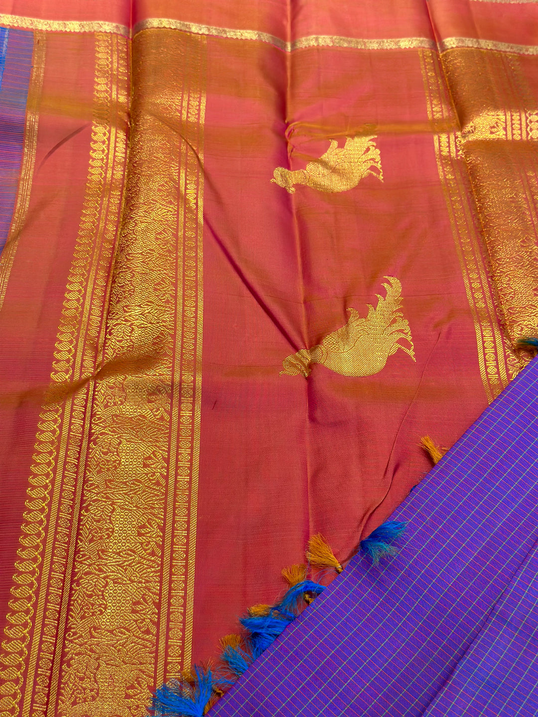 A Traditional Lavender with Pinkish Orange Body Checks Rettapet Kanjivaram Silk Saree with Kalakshetra Kili Pallu