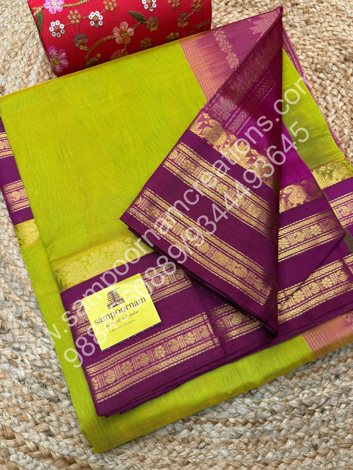 Ponvandu Green with Pink, rettapet Border and Rich Pallu, Pure Korvai Silk Cotton Saree