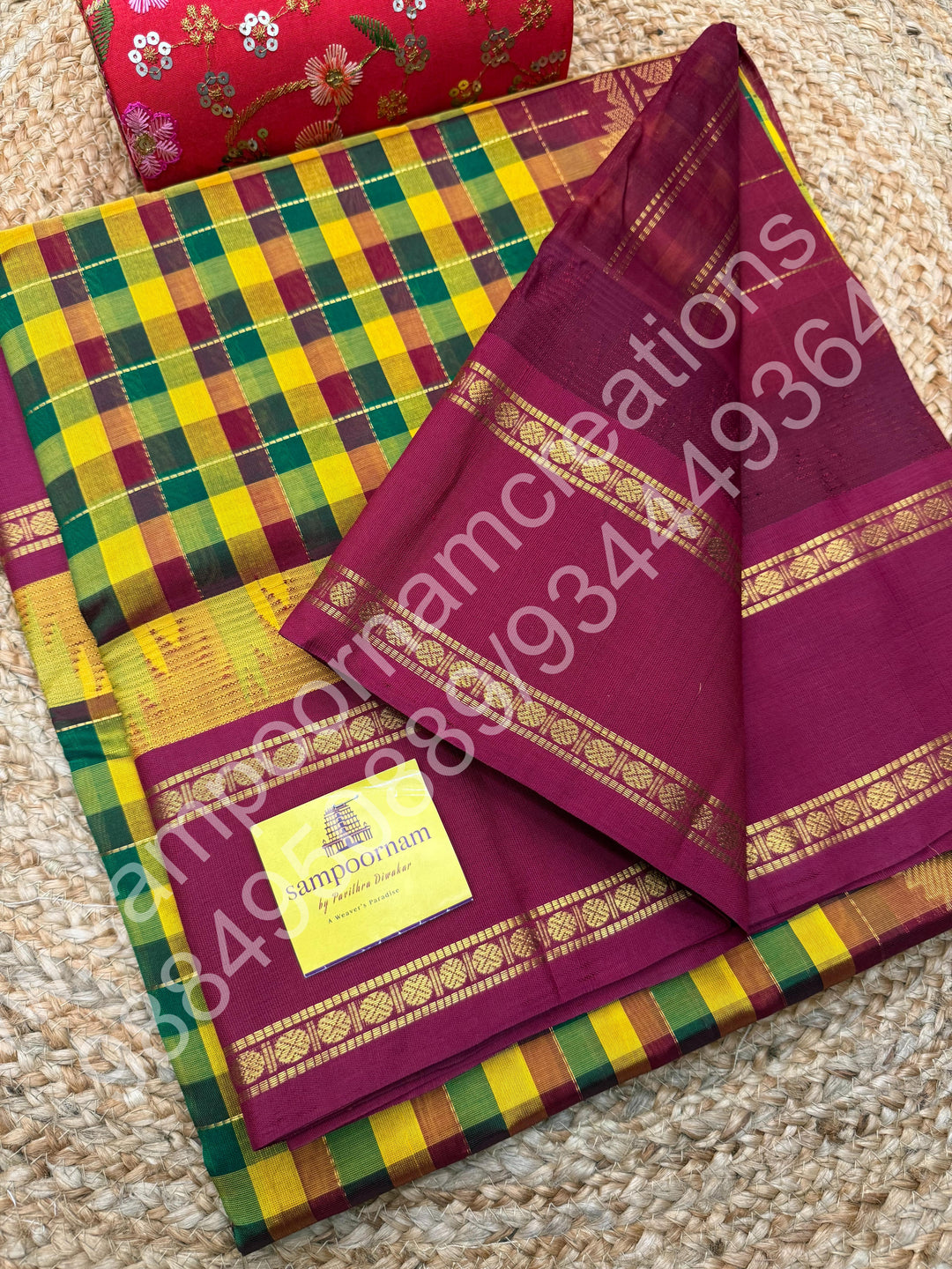 Yellow Green Red ,Pallum Pazham Kattam with Rich Rettapet Kanchi Border and Rich Pallu, Korvai Silk Cotton Saree