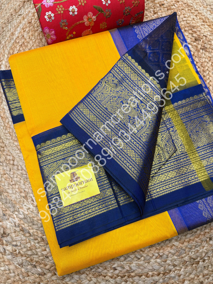 Yellow with Blue, Traditional One Side Big Kanchi Border, Rich Pallu, Pure Korvai Silk Cotton Saree