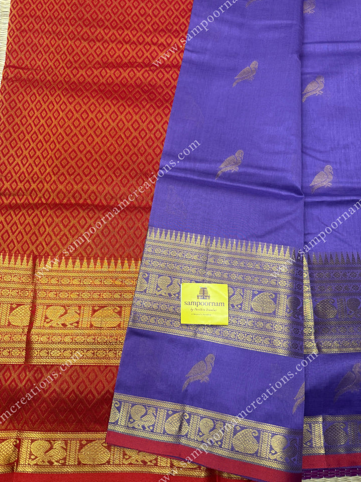 Lilac with Red  , Zari Parrot motif in the body and  One side big rettapet border , grand Pallu Silk Cotton Saree