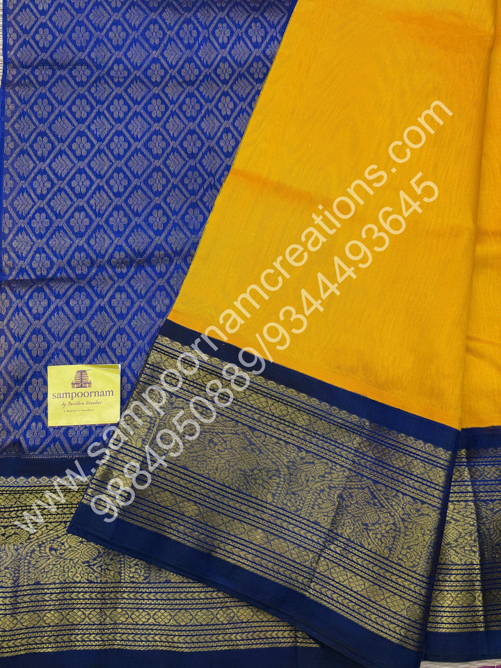 Yellow with Blue, Traditional One Side Big Kanchi Border, Rich Pallu, Pure Korvai Silk Cotton Saree