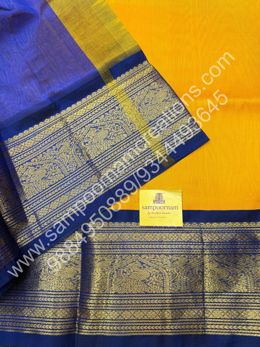 Yellow with Blue, Traditional One Side Big Kanchi Border, Rich Pallu, Pure Korvai Silk Cotton Saree
