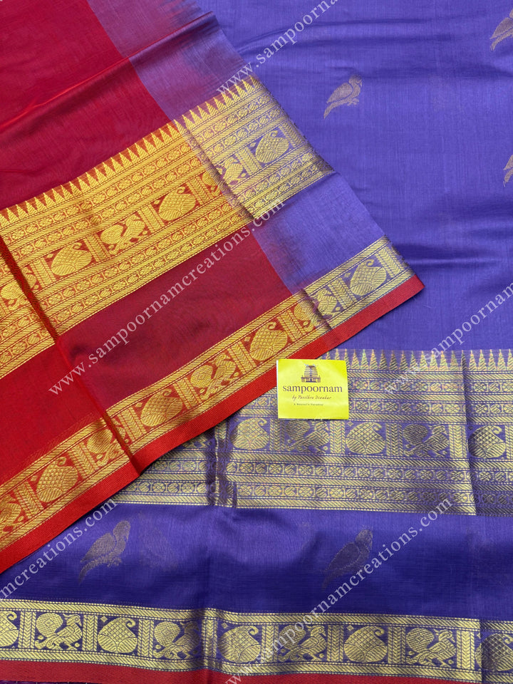 Lilac with Red  , Zari Parrot motif in the body and  One side big rettapet border , grand Pallu Silk Cotton Saree
