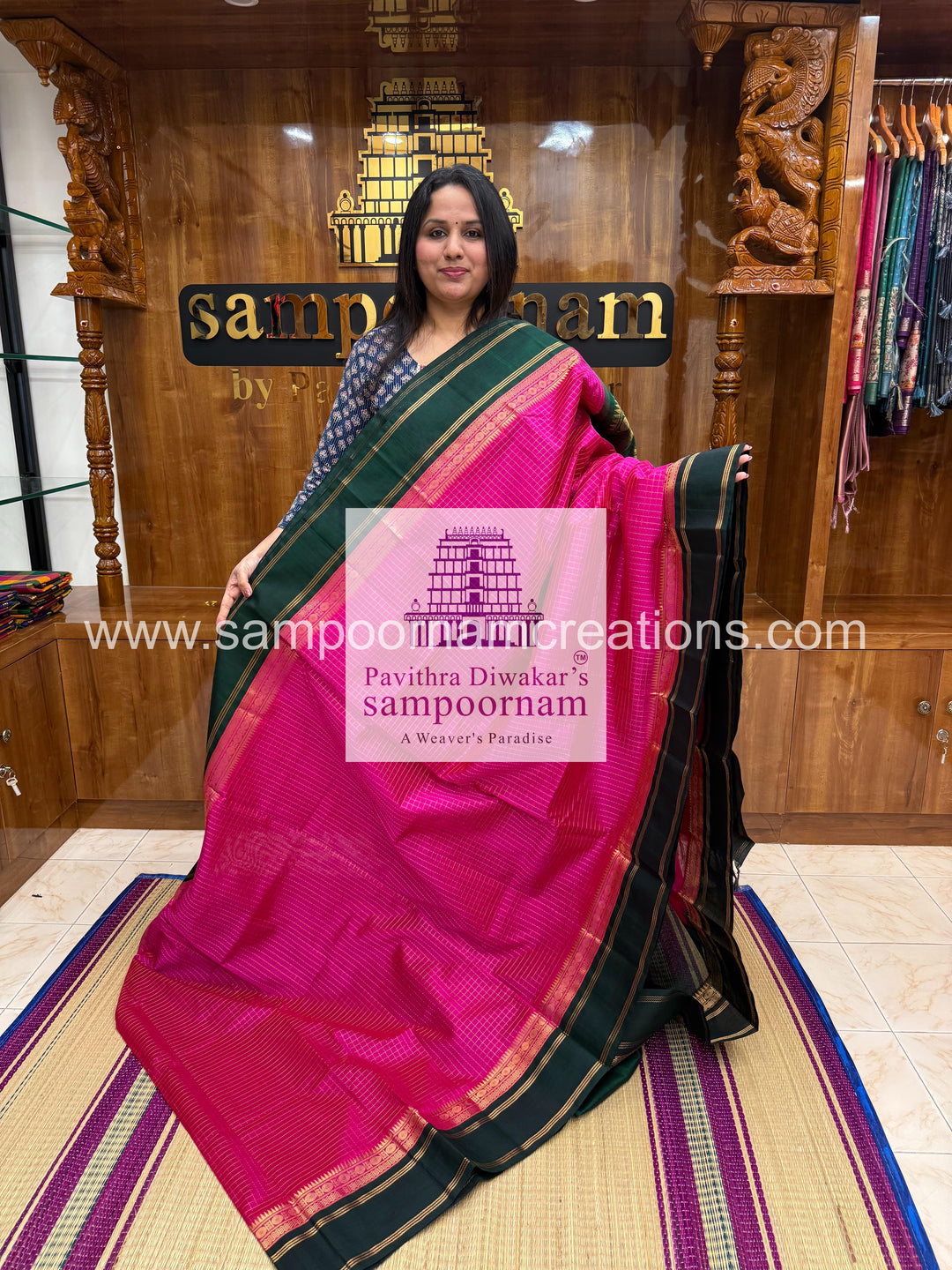 Magenta with Green ,rettapet  Zari checks in the body and grand Pallu Korvai Silk Cotton Saree
