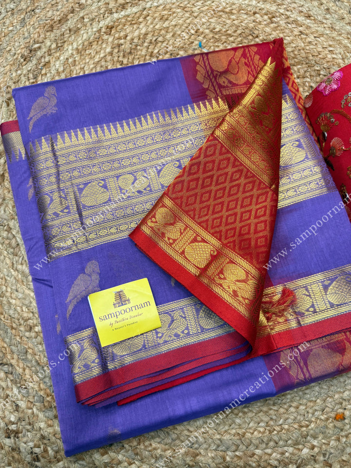 Lilac with Red  , Zari Parrot motif in the body and  One side big rettapet border , grand Pallu Silk Cotton Saree