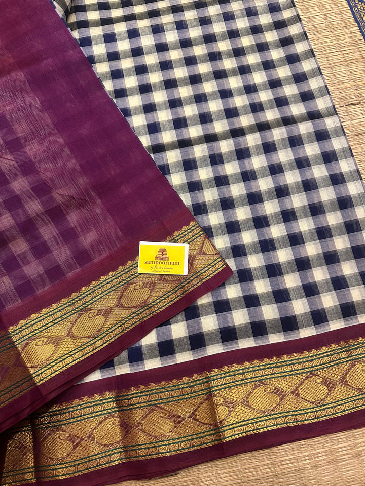 Blue and White with Purple Pazham Kattam , rich traditional border and grand pallu Korvai Silk Cotton Saree