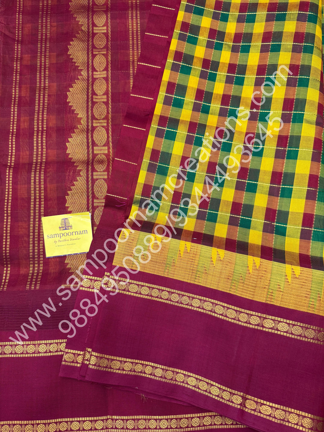 Yellow Green Red ,Pallum Pazham Kattam with Rich Rettapet Kanchi Border and Rich Pallu, Korvai Silk Cotton Saree