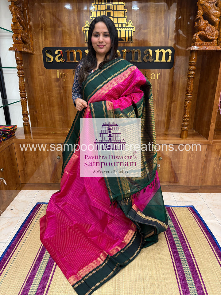 Magenta with Green ,rettapet  Zari checks in the body and grand Pallu Korvai Silk Cotton Saree