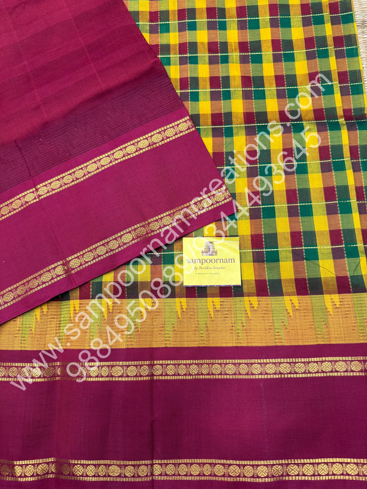 Yellow Green Red ,Pallum Pazham Kattam with Rich Rettapet Kanchi Border and Rich Pallu, Korvai Silk Cotton Saree