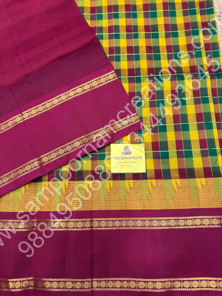 Yellow Green Red ,Pallum Pazham Kattam with Rich Rettapet Kanchi Border and Rich Pallu, Korvai Silk Cotton Saree