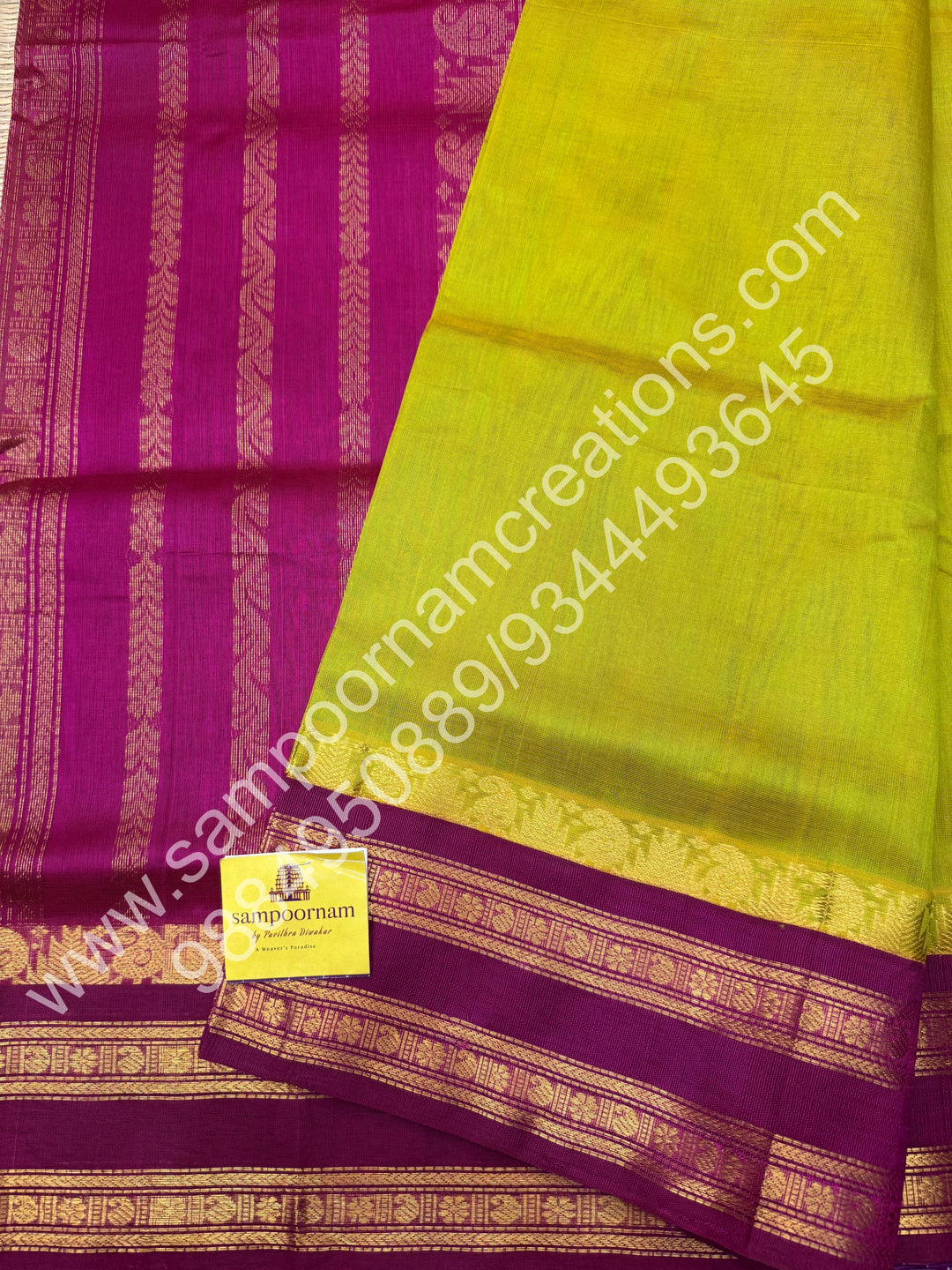 Ponvandu Green with Pink, rettapet Border and Rich Pallu, Pure Korvai Silk Cotton Saree