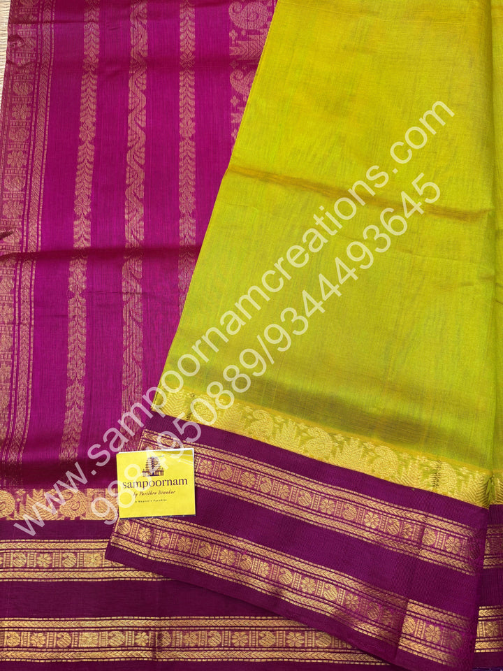 Ponvandu Green with Pink, rettapet Border and Rich Pallu, Pure Korvai Silk Cotton Saree