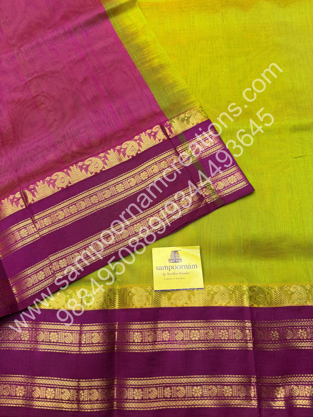 Ponvandu Green with Pink, rettapet Border and Rich Pallu, Pure Korvai Silk Cotton Saree