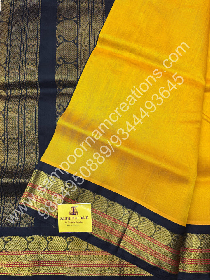 Yellow with Black, Traditional  Kanchi Border, Rich Pallu, Pure Korvai Silk Cotton Saree