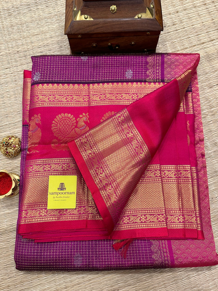 Purple with Pink , one side Big Peacock Motif Border and podi Kattam in the body with Zari Butta and Grand Pallu Korvai Silk Cotton Saree