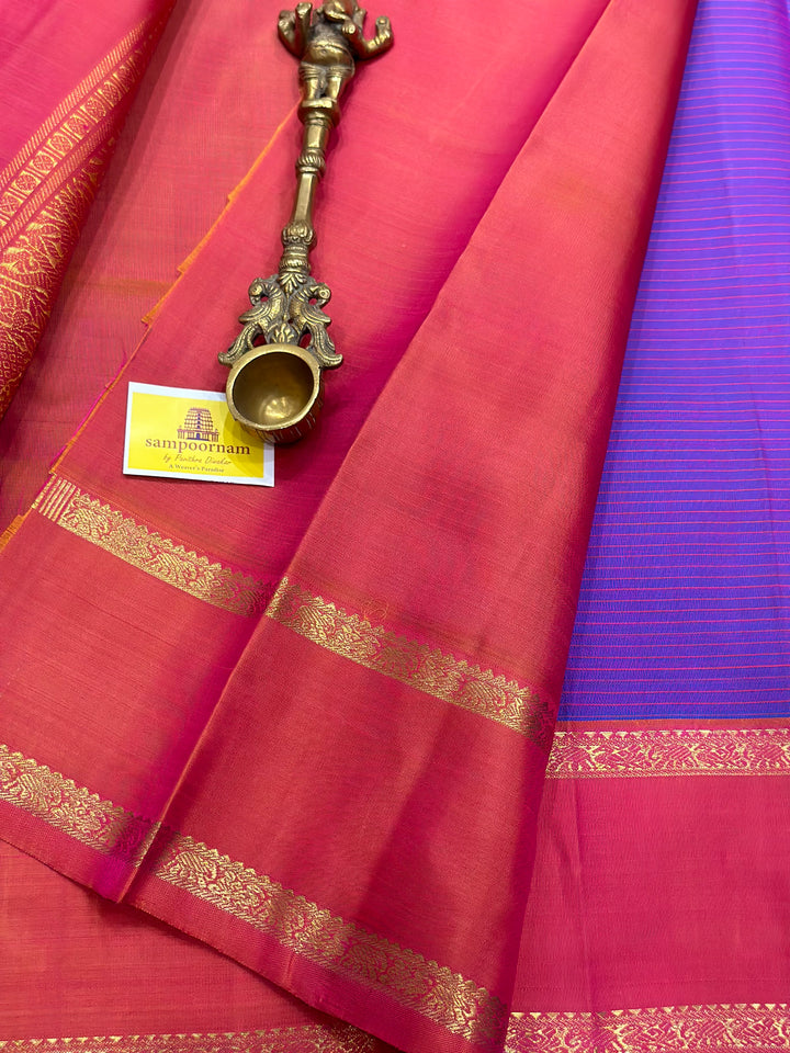 A Traditional Lavender with Pinkish Orange Body Checks Rettapet Kanjivaram Silk Saree with Kalakshetra Kili Pallu