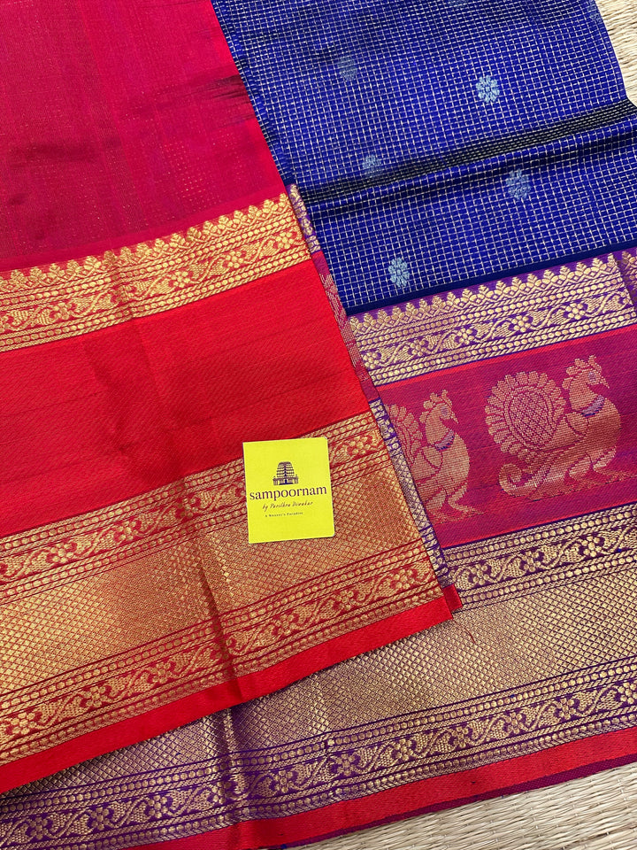 Blue with Red , One Side Big Peacock Motif Border , podi Kattam with Zari Motif in the body and Rich Pallu Korvai Silk Cotton Saree