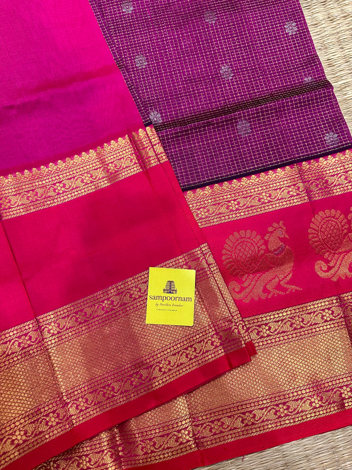 Purple with Pink , one side Big Peacock Motif Border and podi Kattam in the body with Zari Butta and Grand Pallu Korvai Silk Cotton Saree