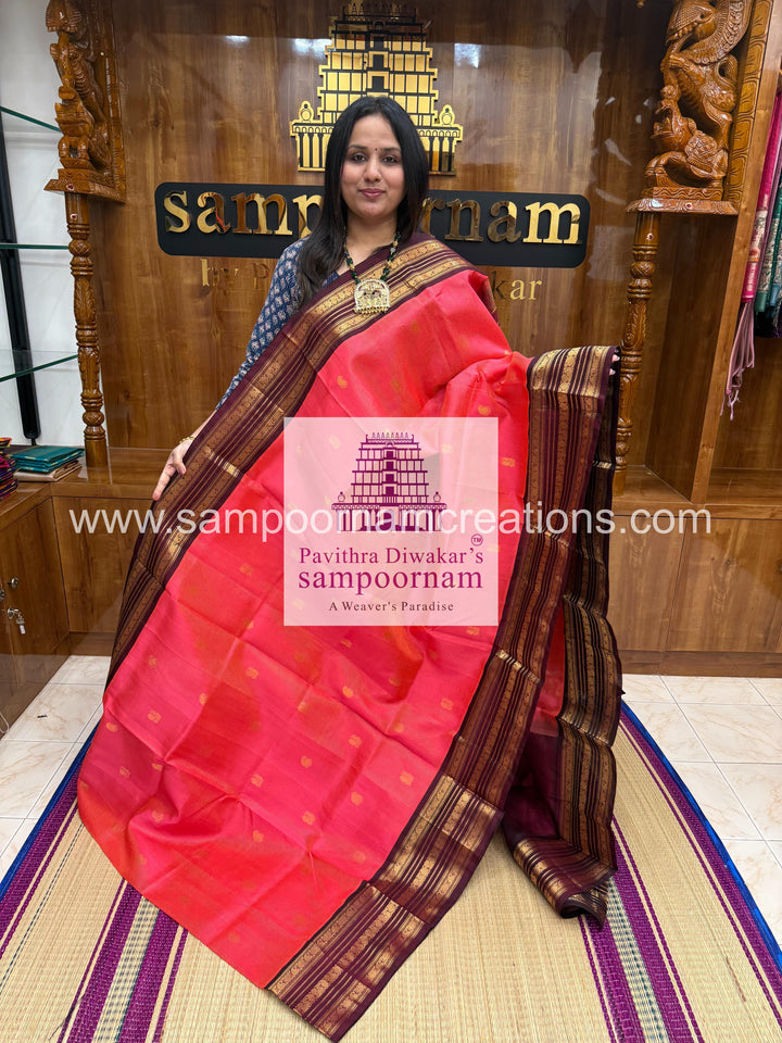 Lotus Pink with Dark Araku , Podi Kattam with butta in the body , Kanchi borders and rich Pallu Korvai Silk Cotton Saree