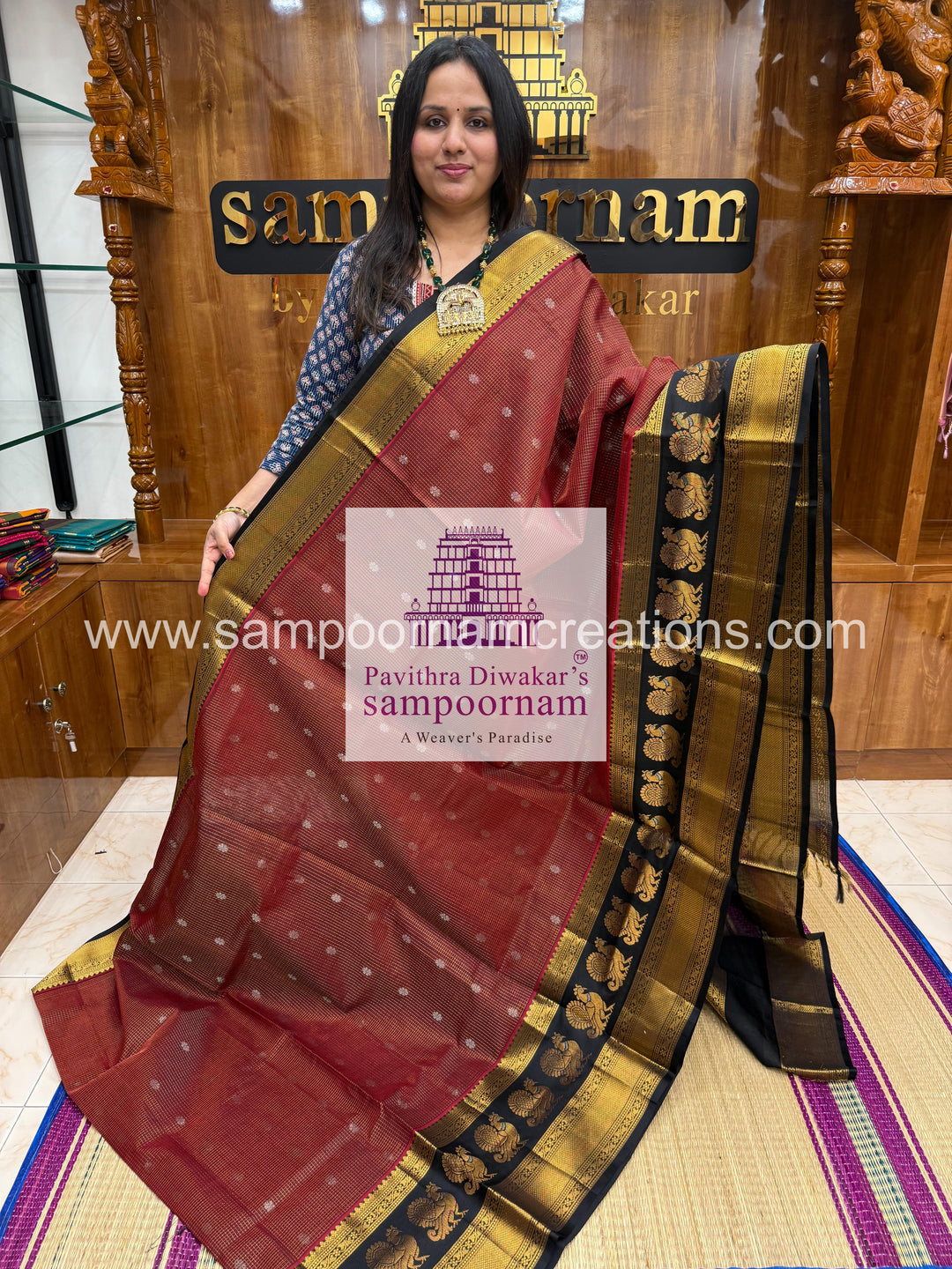 Maroon with Black ,  Zari Podi Kattam in the body , one side big Satin border with Annam motif , traditional border and rich Pallu Korvai Silk Cotton Saree