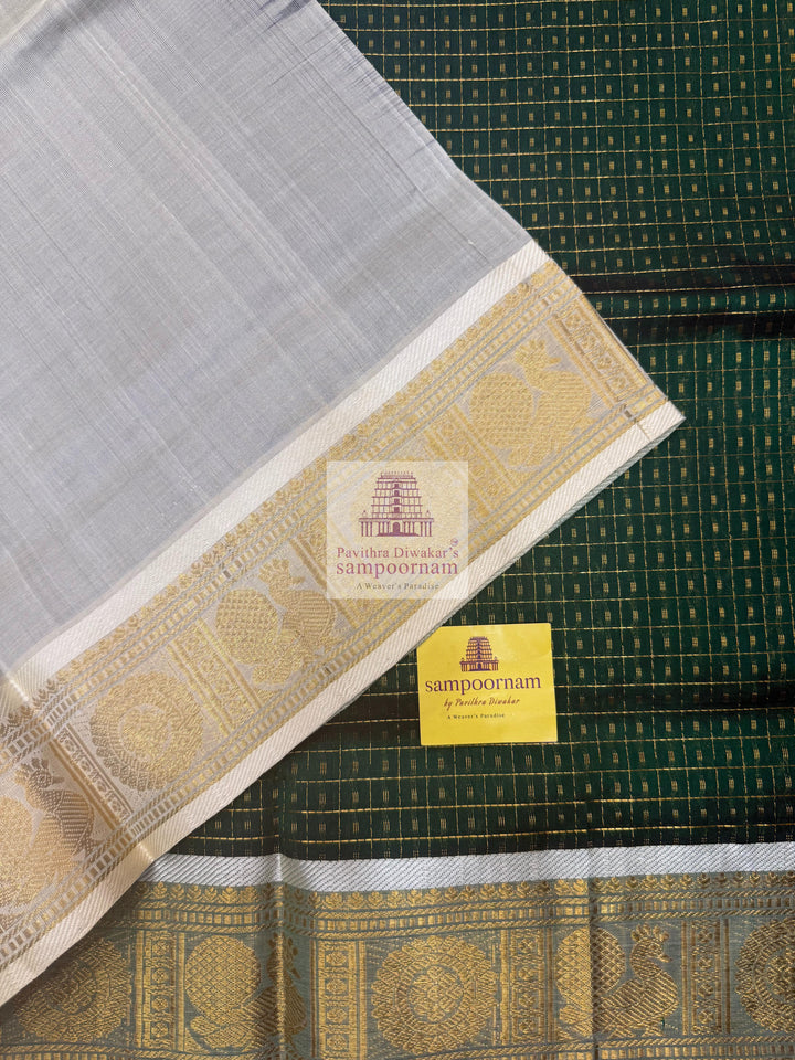 Dark Green with Off White , Zari Lakshadeepam Silk Cotton Saree