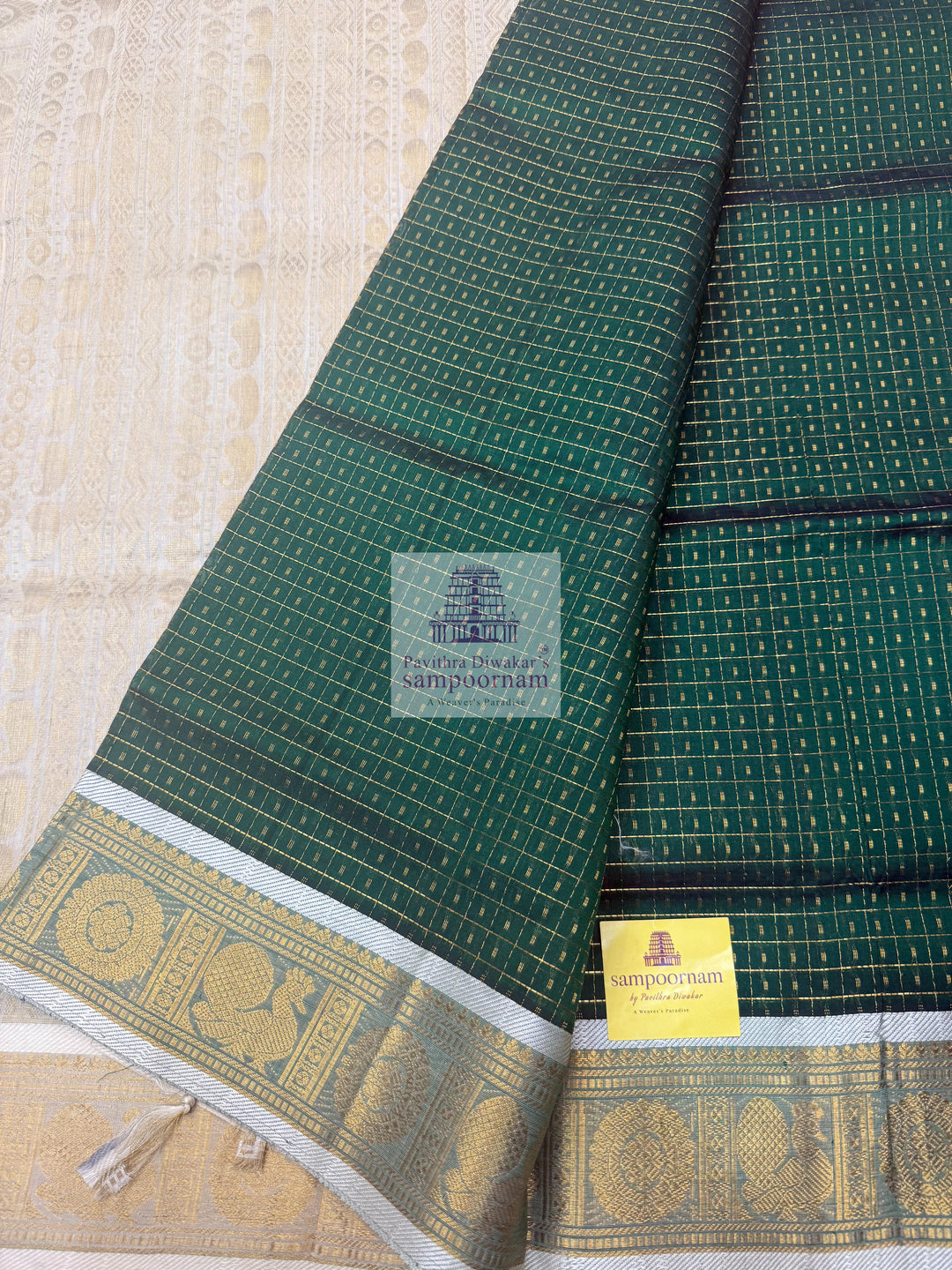 Dark Green with Off White , Zari Lakshadeepam Silk Cotton Saree