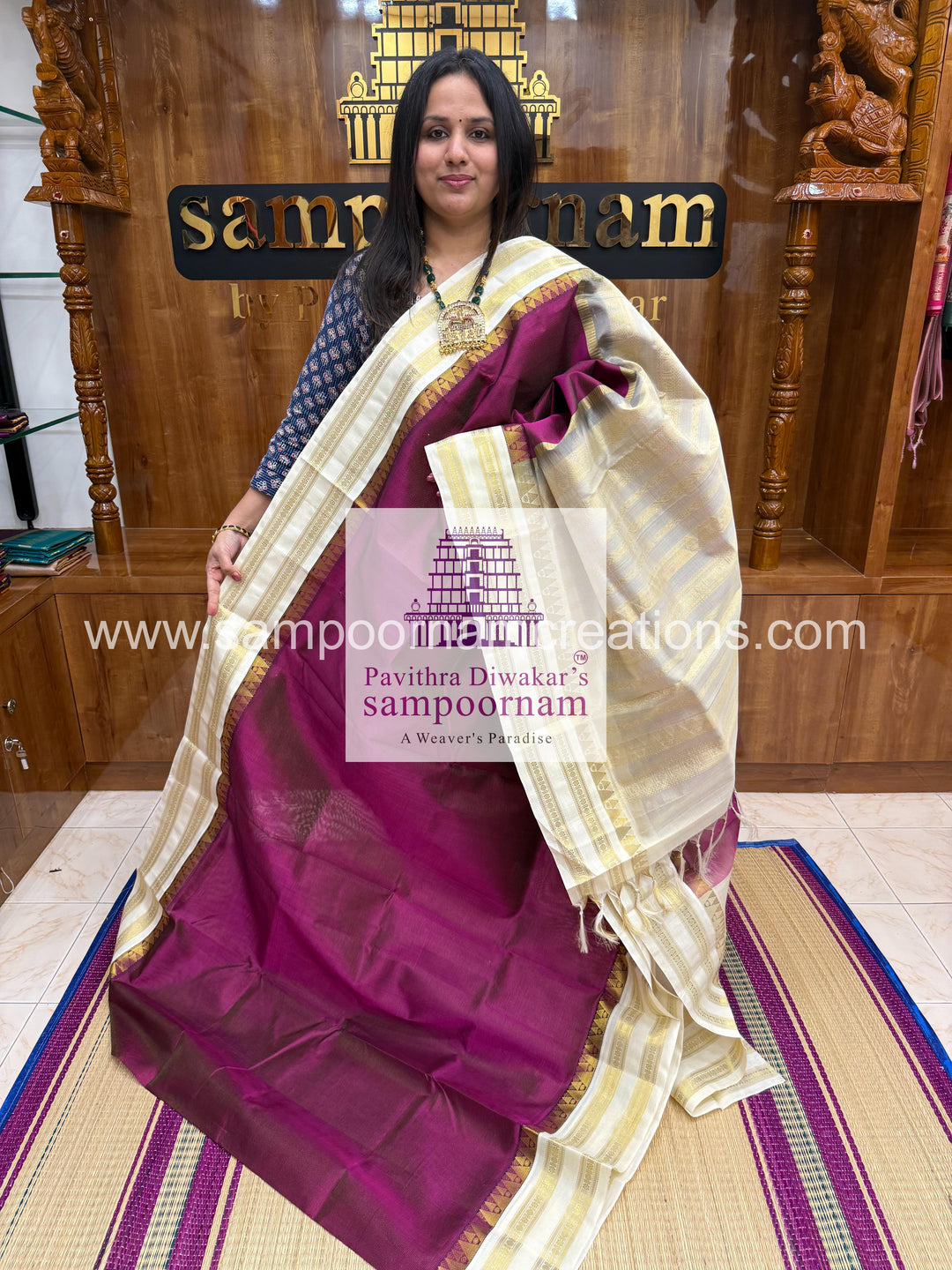 Dark Wine with White , Vairaoosi Zari line in the body ,rettapet border and grandPallu Korvai Silk Cotton Saree