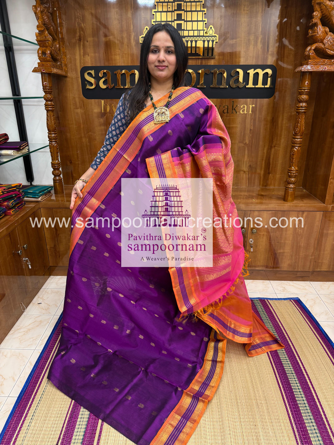Purple with Peachish Pink , rich Zari butta in the body and Kanchi traditional borders and rich Pallu Korvai Silk Cotton Saree