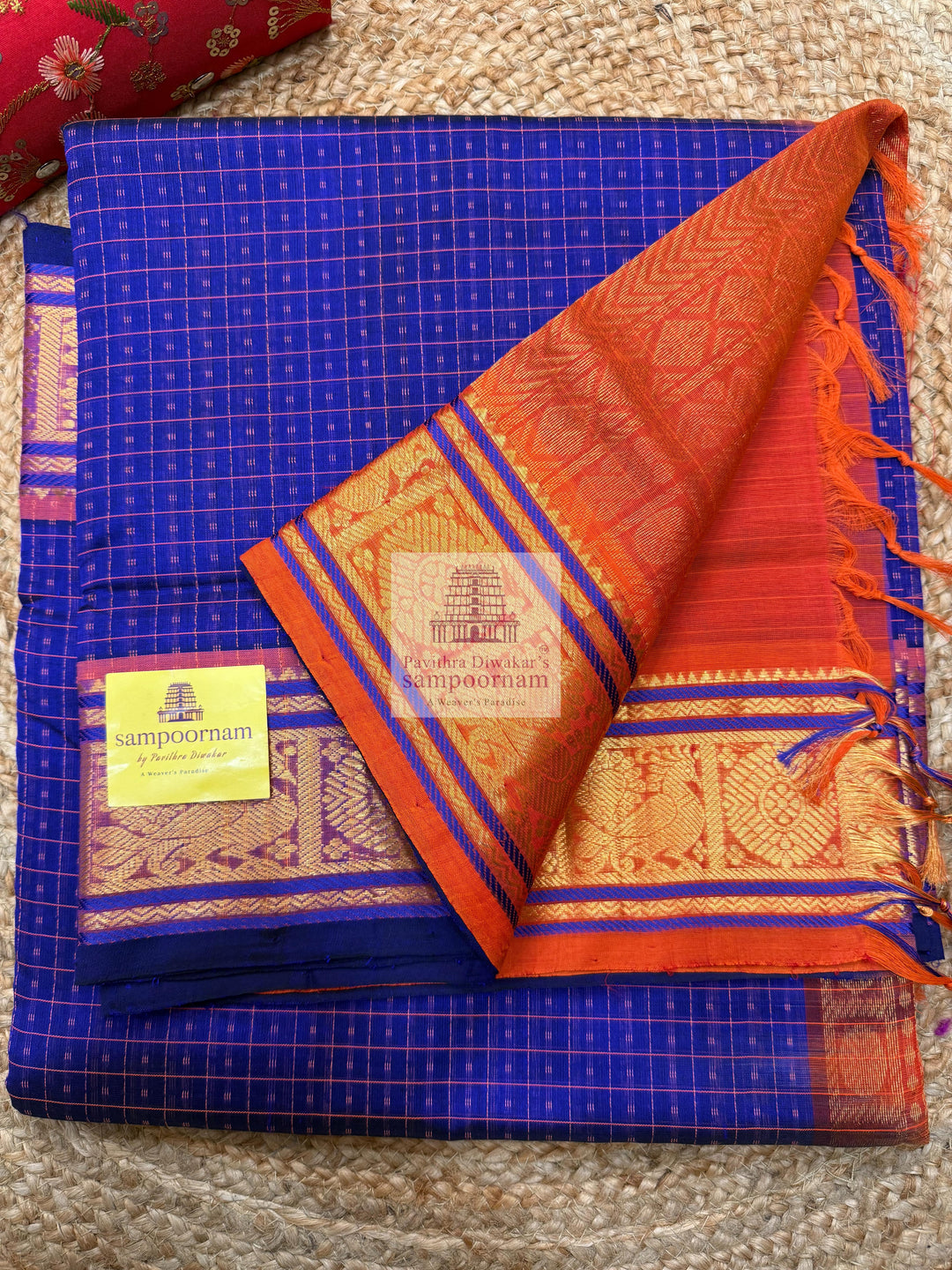 Blue with Orange, , Lakshadeepam butta in the body , traditional borders and rich Pallu Lakshadeepam Silk Cotton Saree